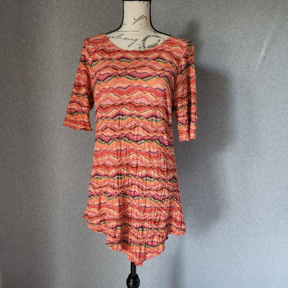 Sno Skins Hi-Low Tunic Knit Top 3/4 Sleeve Multicolor Zig-Zag Made in USA